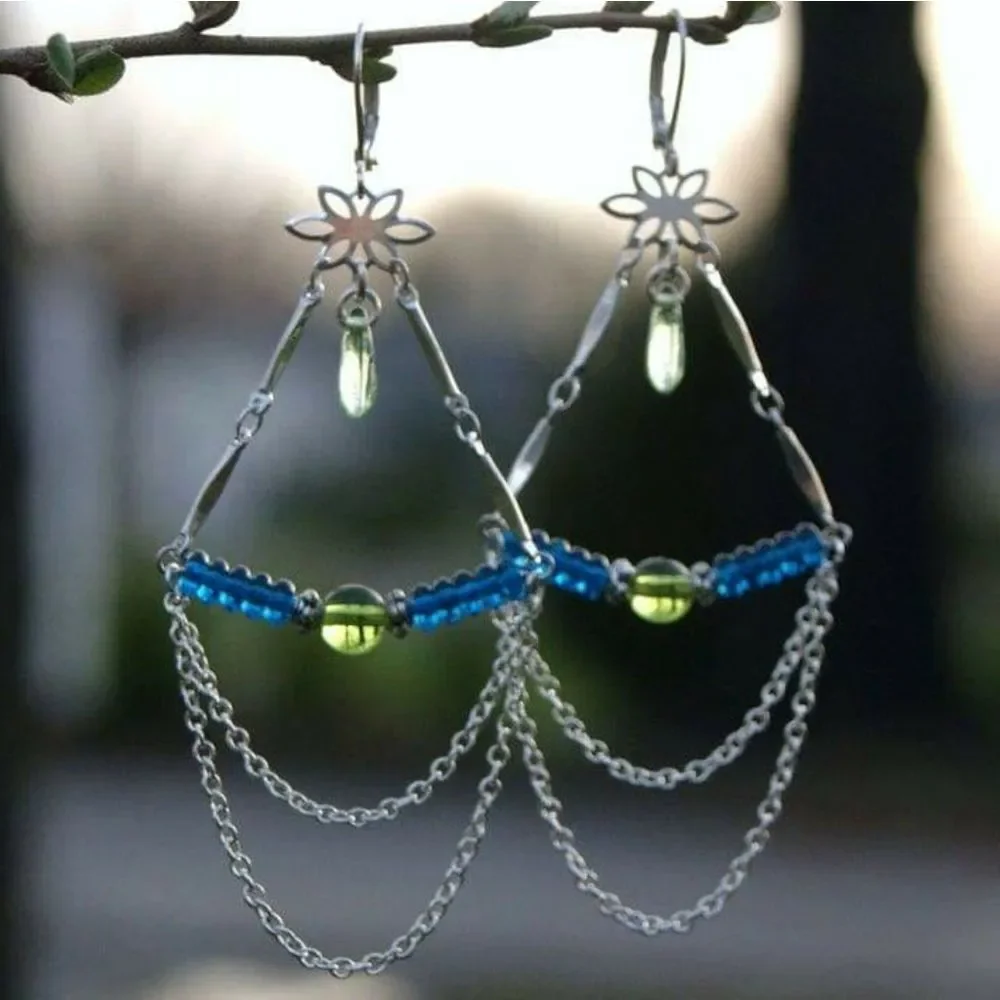 Handmade Glass Bead & Silver Plated Chandelier Long Dangle Earrings